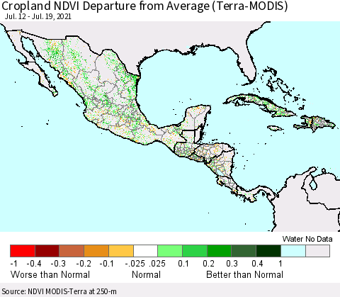 Mexico Central America and the Caribbean Cropland NDVI Departure from Average (Terra-MODIS) Thematic Map For 7/12/2021 - 7/19/2021