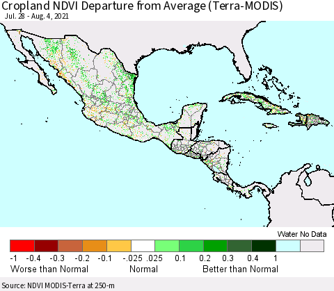 Mexico Central America and the Caribbean Cropland NDVI Departure from Average (Terra-MODIS) Thematic Map For 7/28/2021 - 8/4/2021