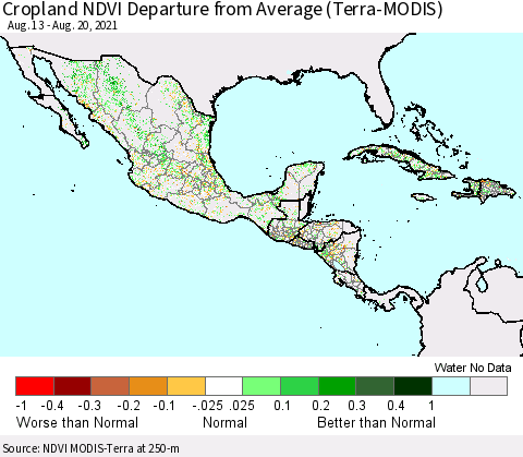 Mexico Central America and the Caribbean Cropland NDVI Departure from Average (Terra-MODIS) Thematic Map For 8/13/2021 - 8/20/2021