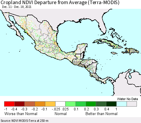 Mexico Central America and the Caribbean Cropland NDVI Departure from Average (Terra-MODIS) Thematic Map For 12/11/2021 - 12/18/2021