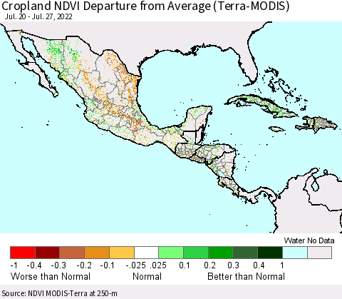 Mexico Central America and the Caribbean Cropland NDVI Departure from Average (Terra-MODIS) Thematic Map For 7/20/2022 - 7/27/2022