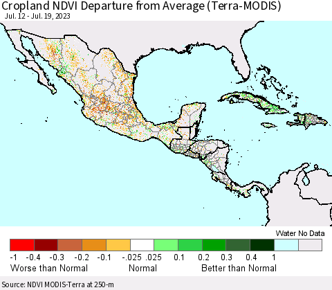 Mexico Central America and the Caribbean Cropland NDVI Departure from Average (Terra-MODIS) Thematic Map For 7/12/2023 - 7/19/2023