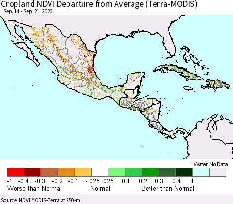 Mexico Central America and the Caribbean Cropland NDVI Departure from Average (Terra-MODIS) Thematic Map For 9/14/2023 - 9/21/2023