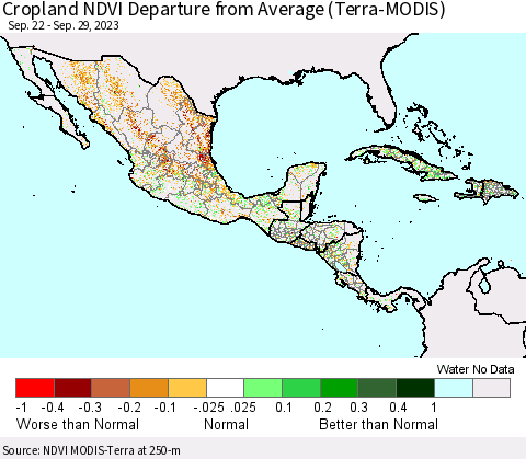 Mexico Central America and the Caribbean Cropland NDVI Departure from Average (Terra-MODIS) Thematic Map For 9/22/2023 - 9/29/2023