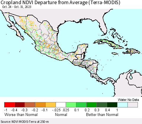 Mexico Central America and the Caribbean Cropland NDVI Departure from Average (Terra-MODIS) Thematic Map For 10/24/2023 - 10/31/2023