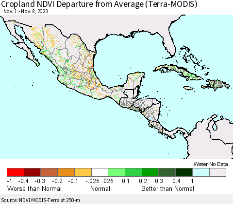 Mexico Central America and the Caribbean Cropland NDVI Departure from Average (Terra-MODIS) Thematic Map For 11/1/2023 - 11/8/2023