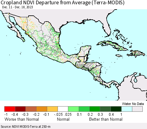 Mexico Central America and the Caribbean Cropland NDVI Departure from Average (Terra-MODIS) Thematic Map For 12/11/2023 - 12/18/2023