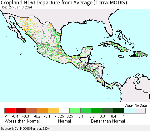 Mexico Central America and the Caribbean Cropland NDVI Departure from Average (Terra-MODIS) Thematic Map For 12/27/2023 - 1/3/2024