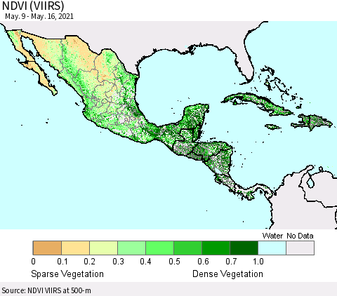 Mexico Central America and the Caribbean NDVI (VIIRS) Thematic Map For 5/9/2021 - 5/16/2021
