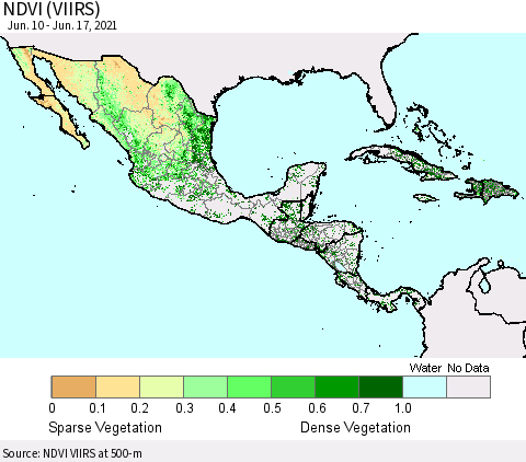Mexico Central America and the Caribbean NDVI (VIIRS) Thematic Map For 6/10/2021 - 6/17/2021