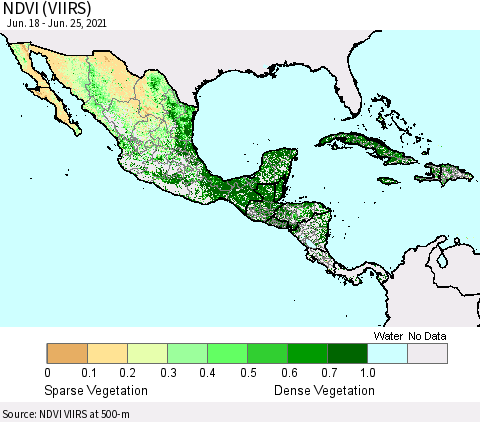 Mexico Central America and the Caribbean NDVI (VIIRS) Thematic Map For 6/18/2021 - 6/25/2021