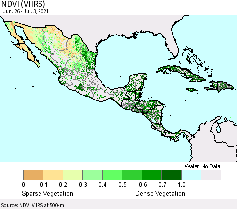 Mexico Central America and the Caribbean NDVI (VIIRS) Thematic Map For 6/26/2021 - 7/3/2021