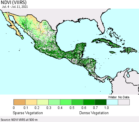 Mexico Central America and the Caribbean NDVI (VIIRS) Thematic Map For 7/4/2021 - 7/11/2021