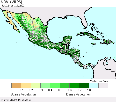 Mexico Central America and the Caribbean NDVI (VIIRS) Thematic Map For 7/12/2021 - 7/19/2021