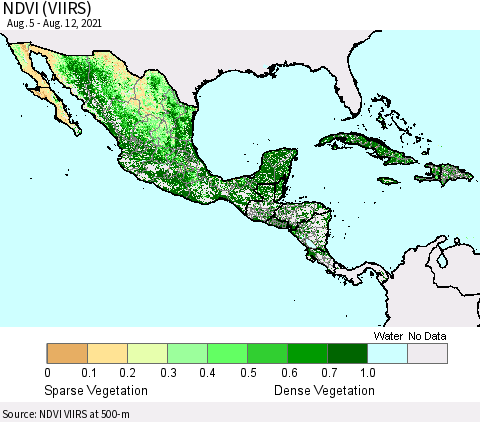 Mexico Central America and the Caribbean NDVI (VIIRS) Thematic Map For 8/5/2021 - 8/12/2021
