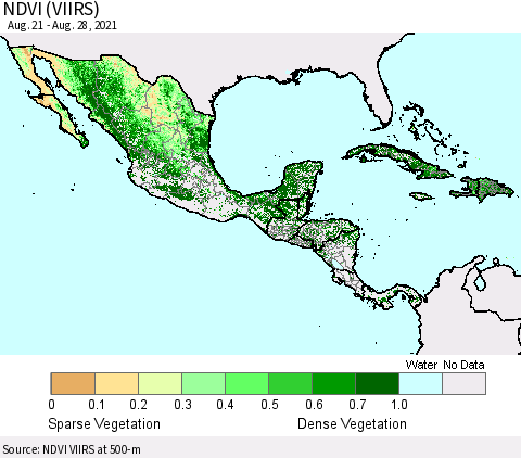 Mexico Central America and the Caribbean NDVI (VIIRS) Thematic Map For 8/21/2021 - 8/28/2021
