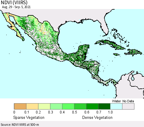 Mexico Central America and the Caribbean NDVI (VIIRS) Thematic Map For 8/29/2021 - 9/5/2021