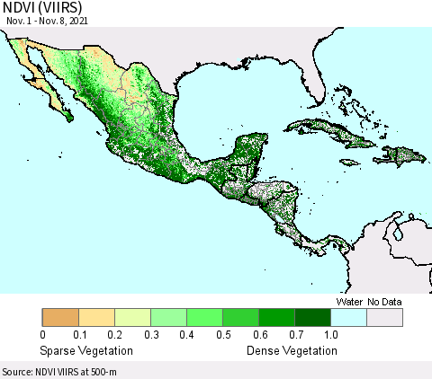 Mexico Central America and the Caribbean NDVI (VIIRS) Thematic Map For 11/1/2021 - 11/8/2021