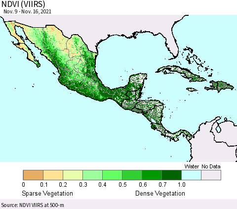 Mexico Central America and the Caribbean NDVI (VIIRS) Thematic Map For 11/9/2021 - 11/16/2021