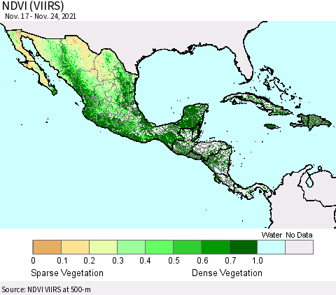 Mexico Central America and the Caribbean NDVI (VIIRS) Thematic Map For 11/17/2021 - 11/24/2021