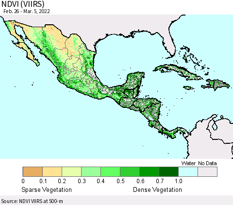 Mexico Central America and the Caribbean NDVI (VIIRS) Thematic Map For 2/26/2022 - 3/5/2022
