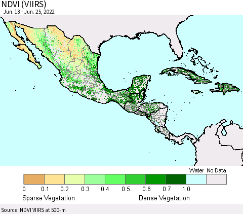 Mexico Central America and the Caribbean NDVI (VIIRS) Thematic Map For 6/18/2022 - 6/25/2022