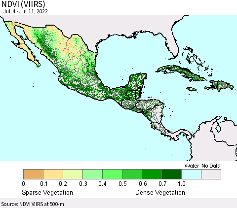 Mexico Central America and the Caribbean NDVI (VIIRS) Thematic Map For 7/4/2022 - 7/11/2022