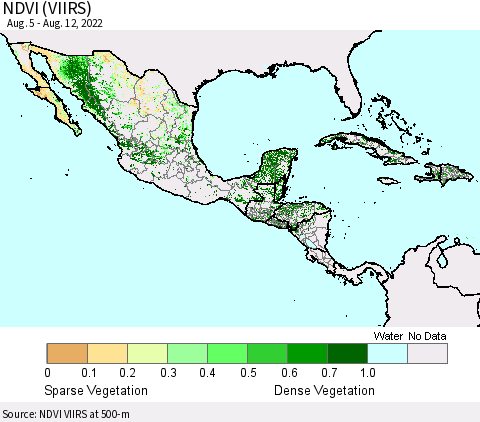 Mexico Central America and the Caribbean NDVI (VIIRS) Thematic Map For 8/5/2022 - 8/12/2022