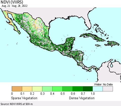 Mexico Central America and the Caribbean NDVI (VIIRS) Thematic Map For 8/21/2022 - 8/28/2022