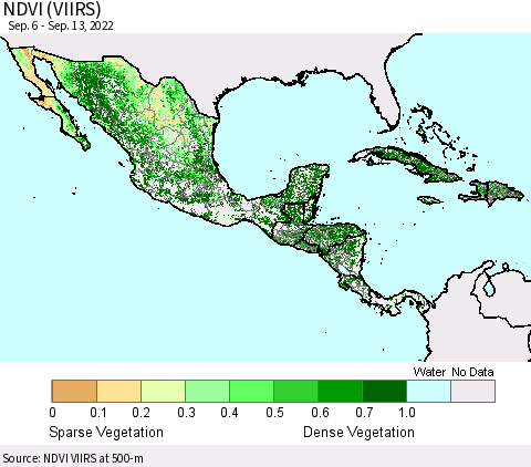 Mexico Central America and the Caribbean NDVI (VIIRS) Thematic Map For 9/6/2022 - 9/13/2022