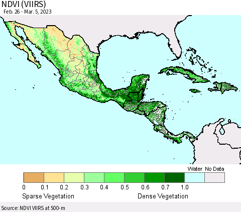 Mexico Central America and the Caribbean NDVI (VIIRS) Thematic Map For 2/26/2023 - 3/5/2023