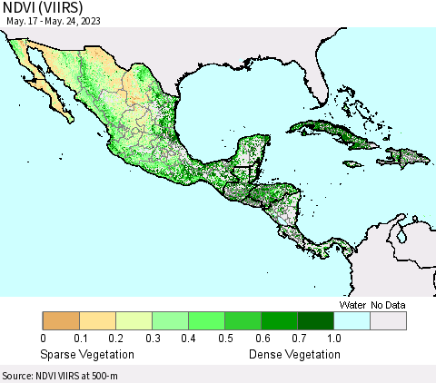 Mexico Central America and the Caribbean NDVI (VIIRS) Thematic Map For 5/17/2023 - 5/24/2023
