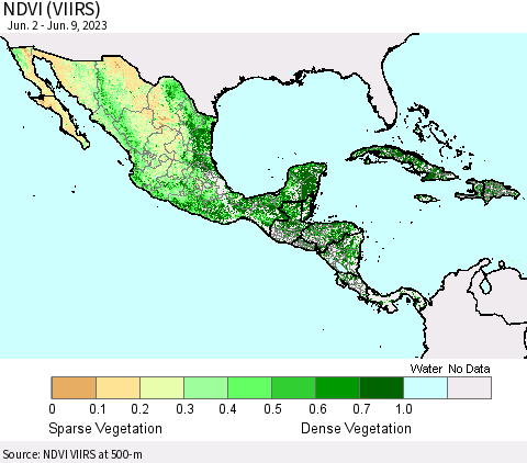Mexico Central America and the Caribbean NDVI (VIIRS) Thematic Map For 6/2/2023 - 6/9/2023