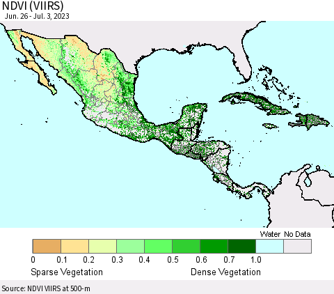 Mexico Central America and the Caribbean NDVI (VIIRS) Thematic Map For 6/26/2023 - 7/3/2023
