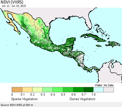 Mexico Central America and the Caribbean NDVI (VIIRS) Thematic Map For 7/12/2023 - 7/19/2023