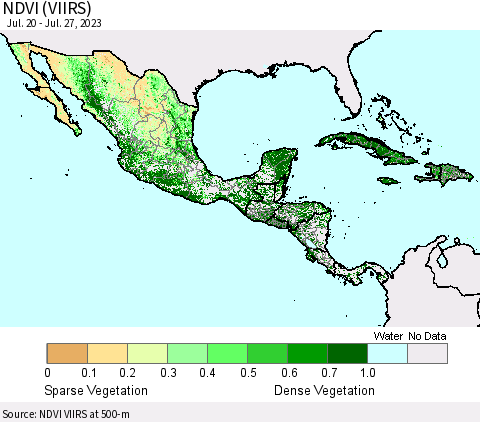 Mexico Central America and the Caribbean NDVI (VIIRS) Thematic Map For 7/20/2023 - 7/27/2023