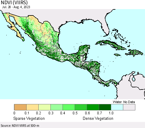 Mexico Central America and the Caribbean NDVI (VIIRS) Thematic Map For 7/28/2023 - 8/4/2023