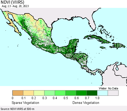 Mexico Central America and the Caribbean NDVI (VIIRS) Thematic Map For 8/13/2023 - 8/20/2023