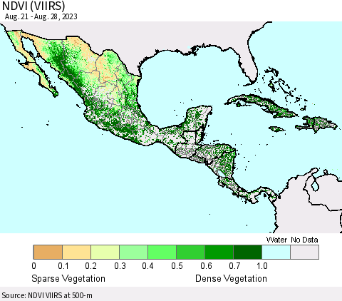 Mexico Central America and the Caribbean NDVI (VIIRS) Thematic Map For 8/21/2023 - 8/28/2023