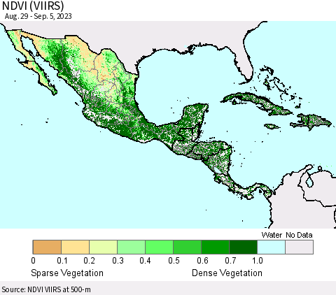 Mexico Central America and the Caribbean NDVI (VIIRS) Thematic Map For 8/29/2023 - 9/5/2023