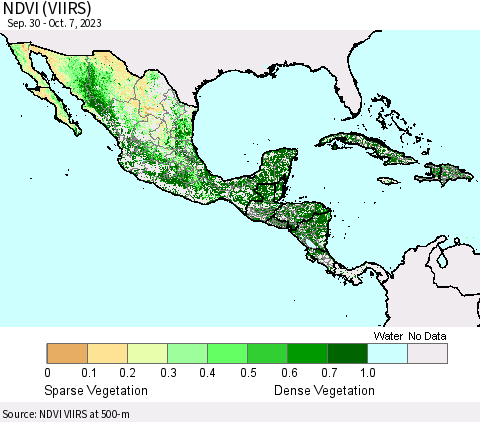 Mexico Central America and the Caribbean NDVI (VIIRS) Thematic Map For 9/30/2023 - 10/7/2023