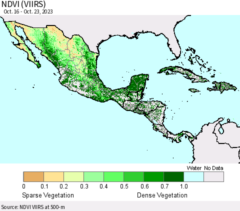 Mexico Central America and the Caribbean NDVI (VIIRS) Thematic Map For 10/16/2023 - 10/23/2023