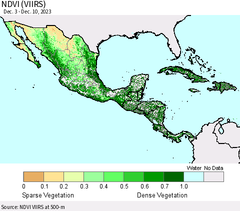 Mexico Central America and the Caribbean NDVI (VIIRS) Thematic Map For 12/3/2023 - 12/10/2023