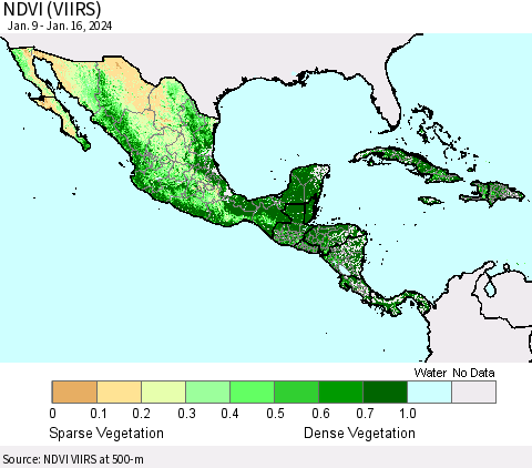 Mexico Central America and the Caribbean NDVI (VIIRS) Thematic Map For 1/9/2024 - 1/16/2024