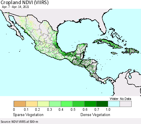 Mexico Central America and the Caribbean Cropland NDVI (VIIRS) Thematic Map For 4/7/2021 - 4/14/2021