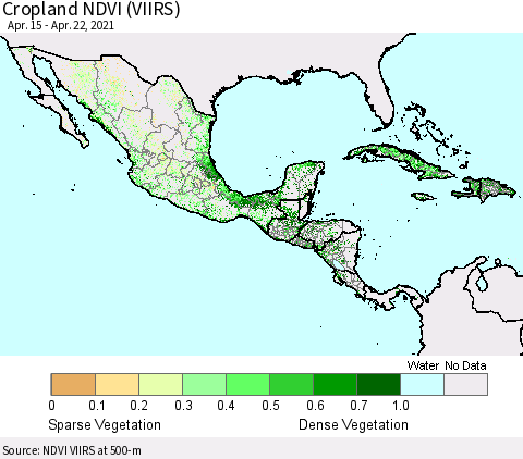 Mexico Central America and the Caribbean Cropland NDVI (VIIRS) Thematic Map For 4/15/2021 - 4/22/2021