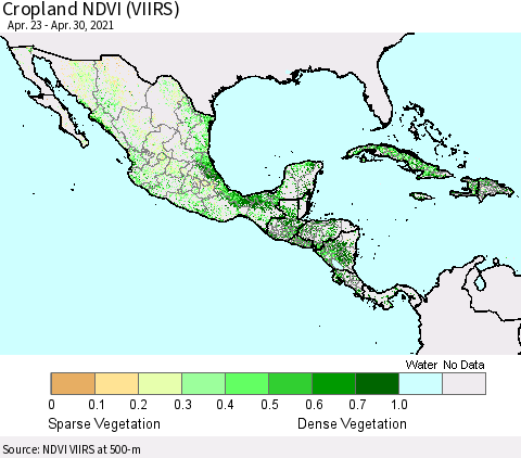 Mexico Central America and the Caribbean Cropland NDVI (VIIRS) Thematic Map For 4/23/2021 - 4/30/2021