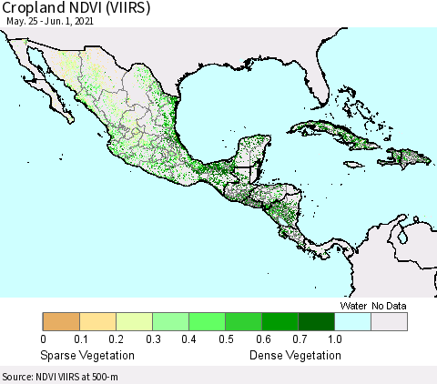 Mexico Central America and the Caribbean Cropland NDVI (VIIRS) Thematic Map For 5/25/2021 - 6/1/2021