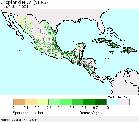 Mexico Central America and the Caribbean Cropland NDVI (VIIRS) Thematic Map For 6/2/2021 - 6/9/2021