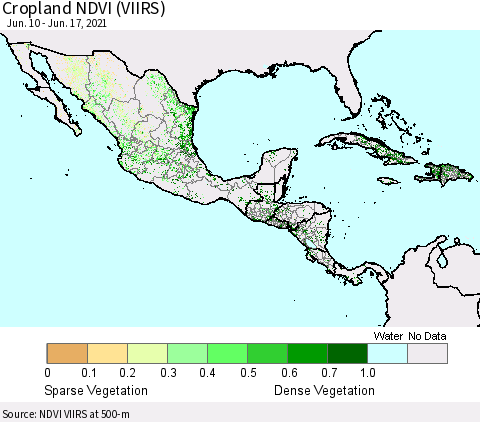 Mexico Central America and the Caribbean Cropland NDVI (VIIRS) Thematic Map For 6/10/2021 - 6/17/2021